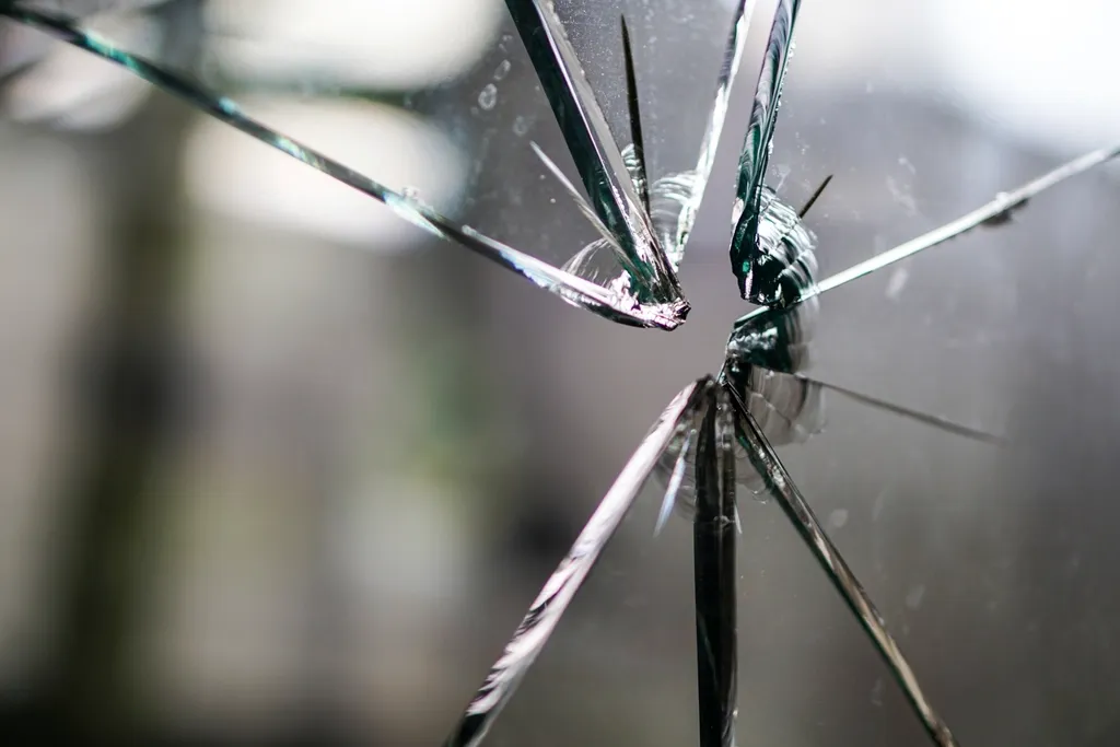 Close-up of a star-shaped crack in a pane of glass against a blurred background